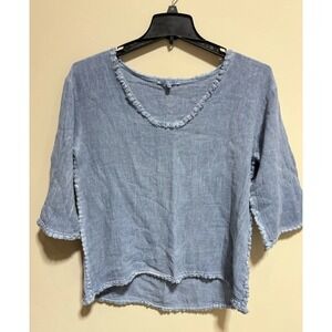 Tempo Paris Blue 100% Linen Frayed Hem 3/4 Sleeve Blouse S